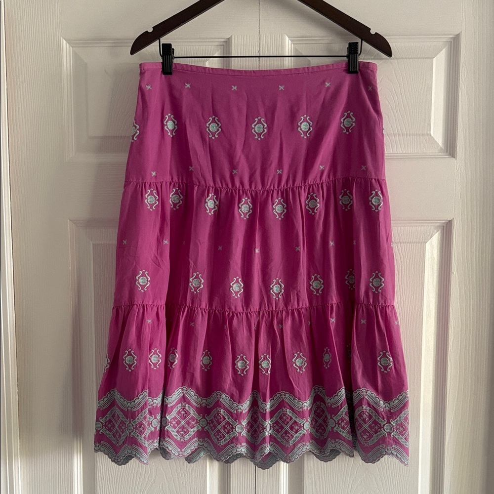 Tibi Fuchsia Tiered Midi Skirt w/ Turquoise Blue Embroidered Details - Size 10